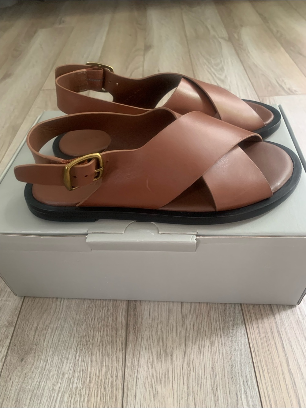 Everlane Leather Crisscross Slingback Sandals — Cognac Brown with Black Sole